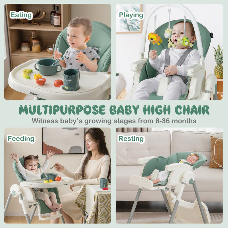 4-in-1 Foldable Baby High Chair with 7 Adjustable Heights and 4 Reclining Angles-Green