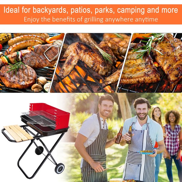 Foldable Trolley Barbecue Grill W/ Wheels - Red And Black