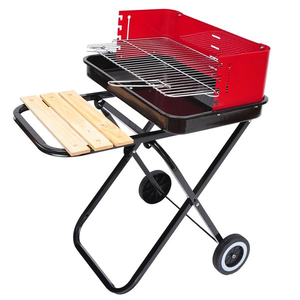 Foldable Trolley Barbecue Grill W/ Wheels - Red And Black