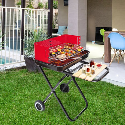 Foldable Trolley Barbecue Grill W/ Wheels - Red And Black