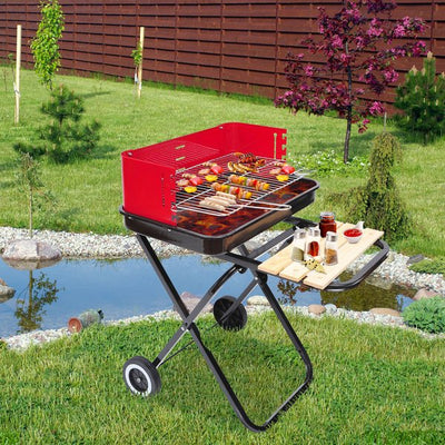 Foldable Trolley Barbecue Grill W/ Wheels - Red And Black