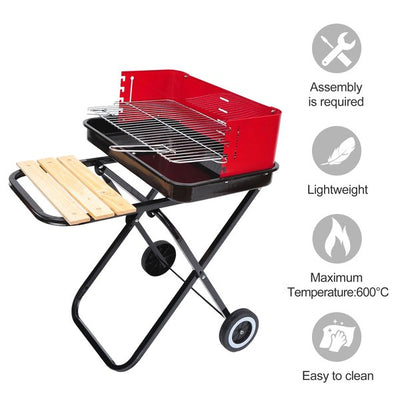 Foldable Trolley Barbecue Grill W/ Wheels - Red And Black