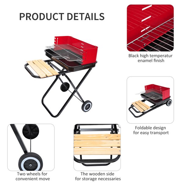 Foldable Trolley Barbecue Grill W/ Wheels - Red And Black