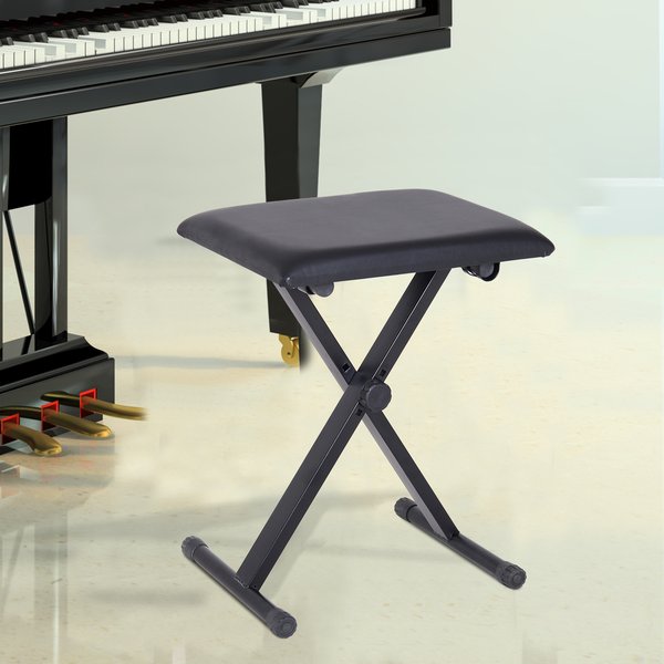 Foldable Piano Stool Padded Seat Adjustable Height Bench X Frame- Black