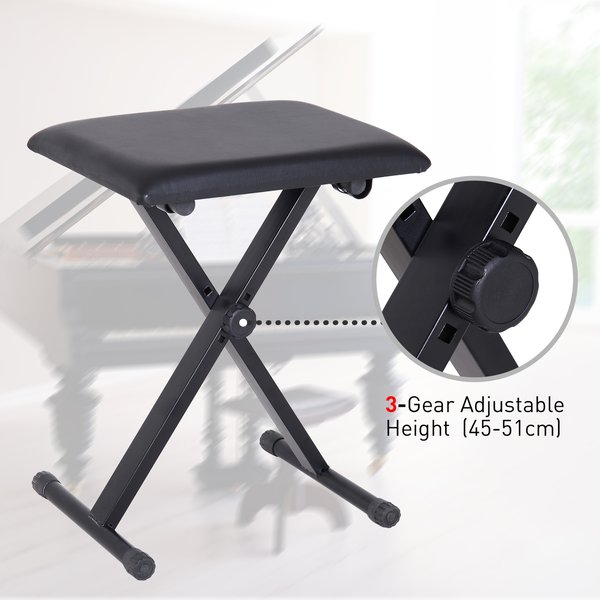 Foldable Piano Stool Padded Seat Adjustable Height Bench X Frame- Black