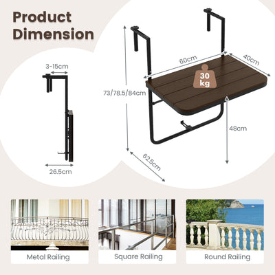 Mesa plegable con barandilla y altura ajustable en 3 niveles para patio, color marrón