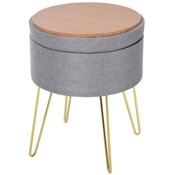 Footstool Ottoman Coffee Table Polyester Upholstered Round - Grey/Gold