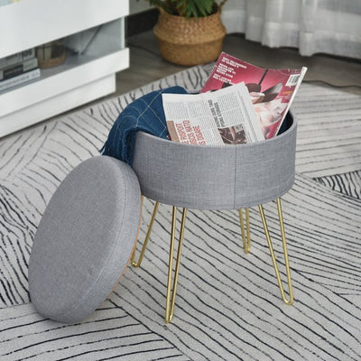 Footstool Ottoman Coffee Table Polyester Upholstered Round - Grey/Gold