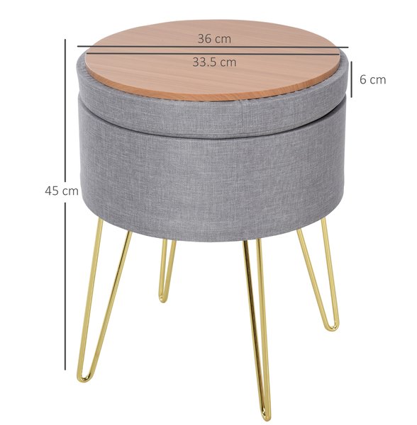 Footstool Ottoman Coffee Table Polyester Upholstered Round - Grey/Gold