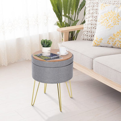 Footstool Ottoman Coffee Table Polyester Upholstered Round - Grey/Gold