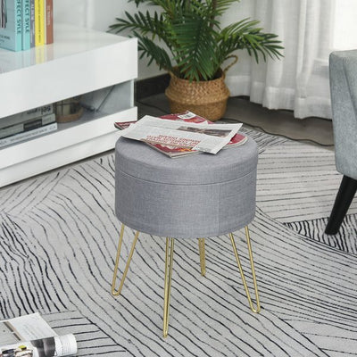 Footstool Ottoman Coffee Table Polyester Upholstered Round - Grey/Gold