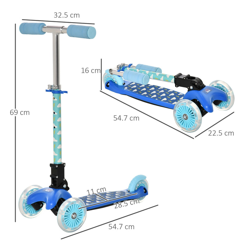 HOMCOM Scooter for Kids Toddler Foldable Kick Scooter with 3 Wheel Adjustable Height Flashing Wheels for Boys and Girls 3-8 Years Blue