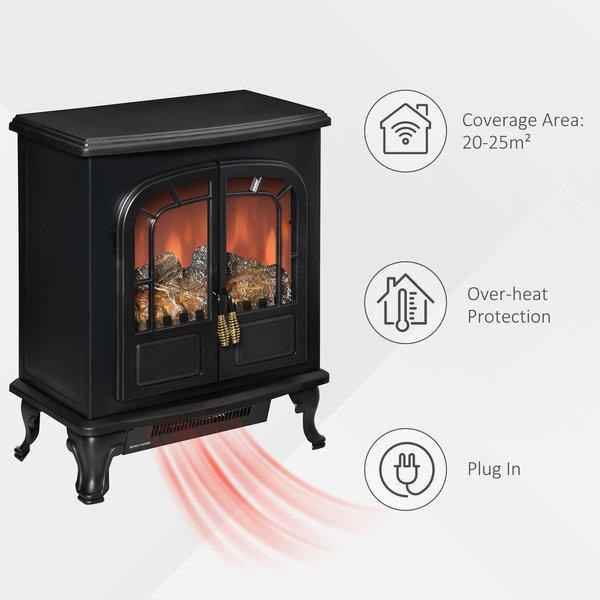 Freestanding Electric Fireplace Stove Heater With LED Flame Effect - Black