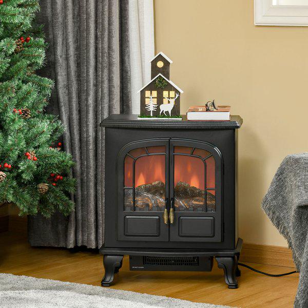 Freestanding Electric Fireplace Stove Heater With LED Flame Effect - Black