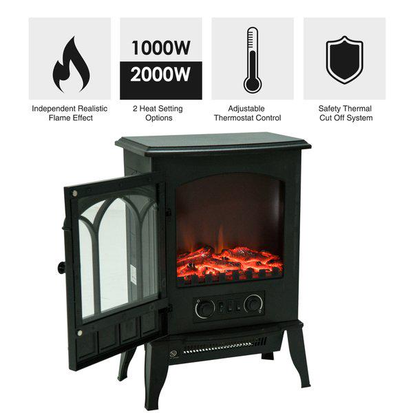 Freestanding Electric Fireplace Heater, 1000W/2000W - Black