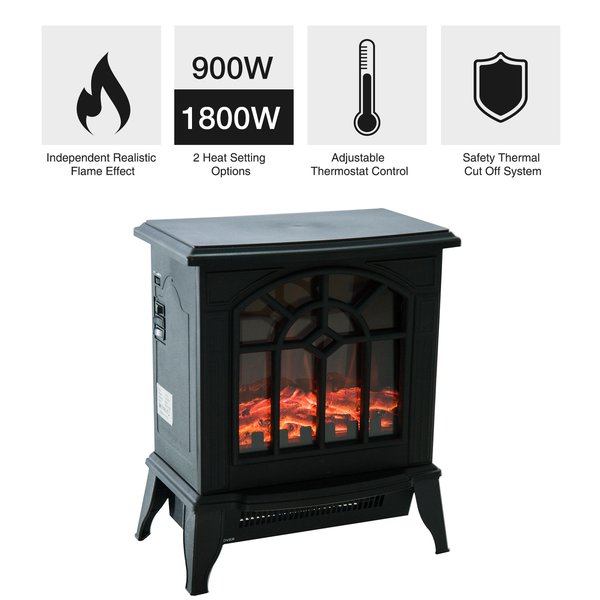 1000W/2000W, LED Flame Freestanding Electric Fireplace Heater - Black