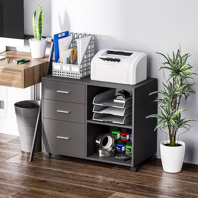 Freestanding Storage Cabinet W/ 3 Drawers 2 Shelves 4 Wheels Office Home - Grey