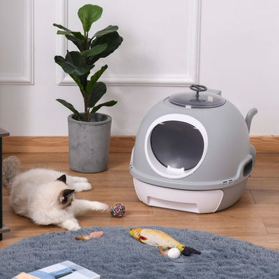 Futuristic Capsule-Shaped Cat Litter Box W/ 2 Doors Scoop Drawer