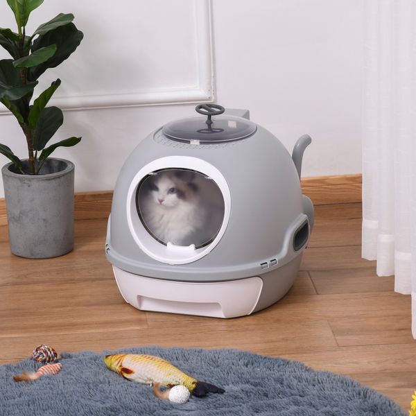 Futuristic Capsule-Shaped Cat Litter Box W/ 2 Doors Scoop Drawer