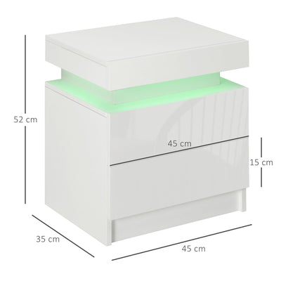 HOMCOM White Bedside Table with LED Light, High Gloss Front Nightstand with 2 Drawers, for Living Room, Bedroom