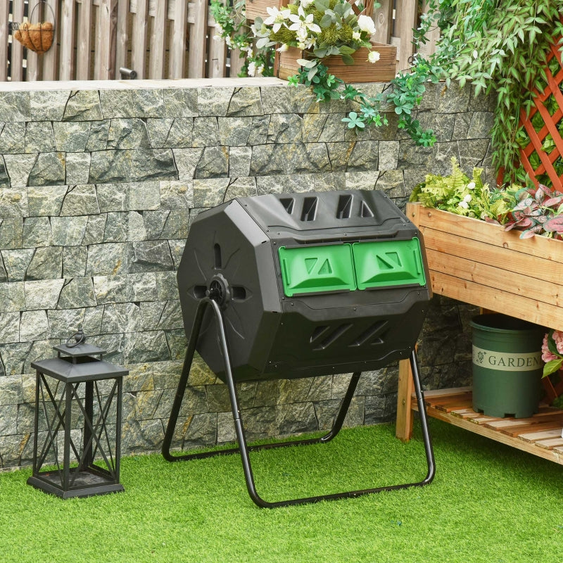 160L Tumbling Compost Bin Outdoor Dual Chamber 360° Rotating Composter, Black