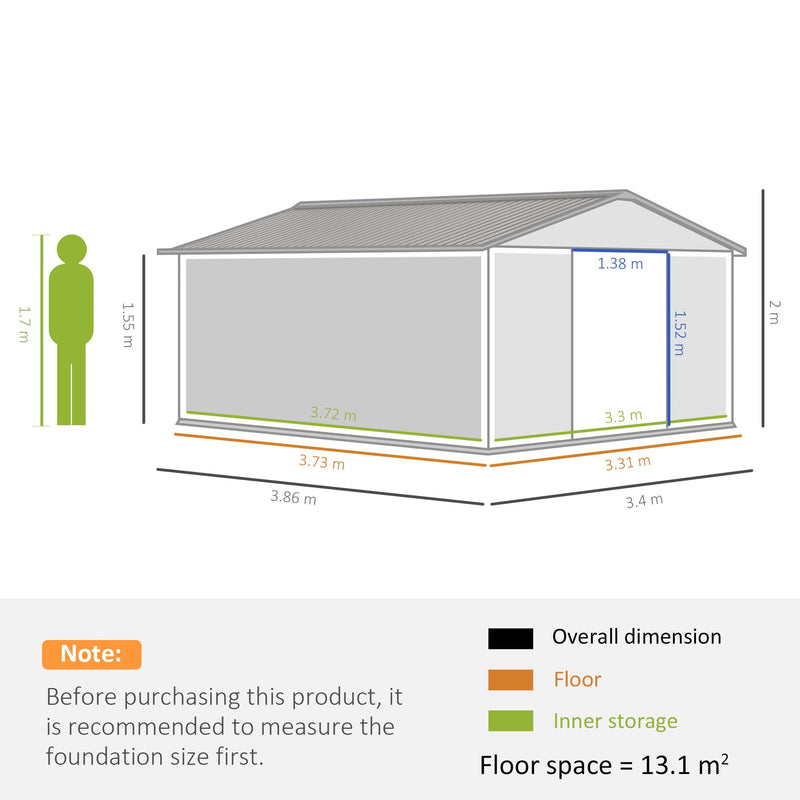 Outsunny 13 x 11ft Garden Metal Storage Shed Outdoor Storage Shed with Foundation Ventilation & Doors, Light Grey