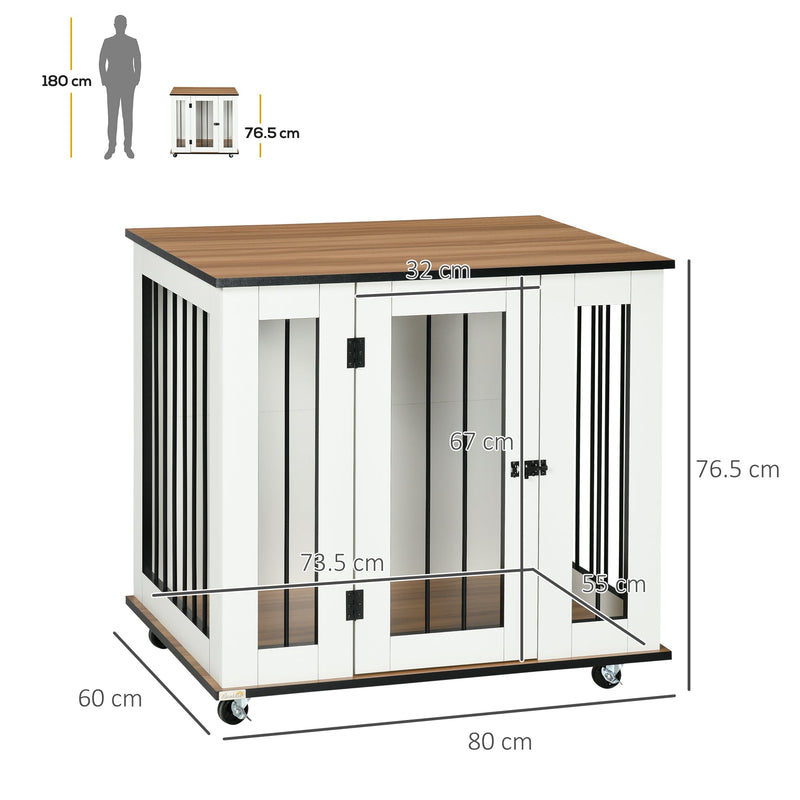 PawHut Dog Crate Furniture with Wheels, Dog Cage End Table for Medium Dogs, with Lockable Door, White, 80 x 60 x 76.5cm