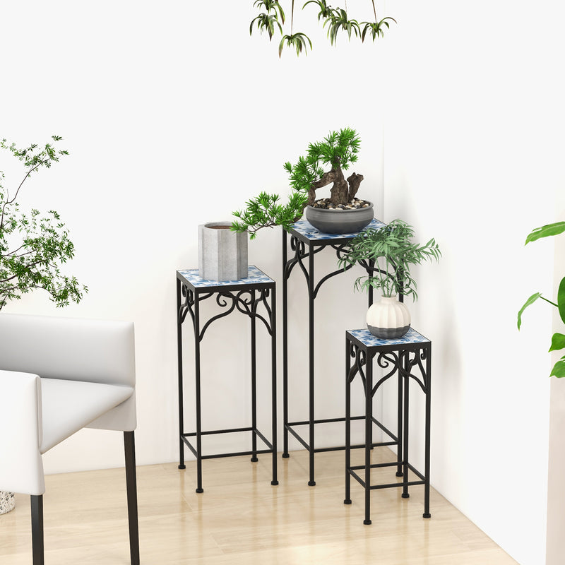 Juego de 3 soportes para plantas de metal con mosaicos en azul