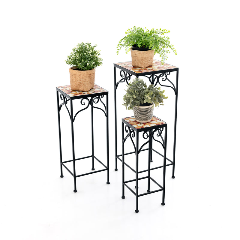 Juego de 3 soportes para plantas de metal con mosaicos, color amarillo