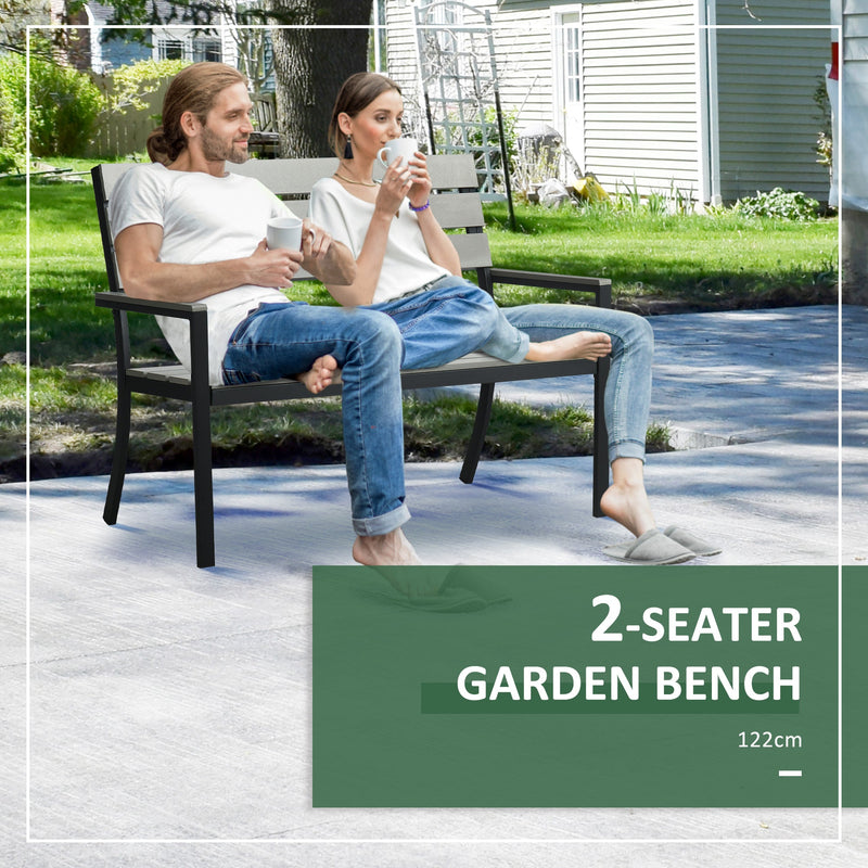 Outsunny 2 Seater Garden Bench, Slatted Outdoor Bench with Steel Frame, Garden Loveseat, 122 x 65 x 92 cm, Grey