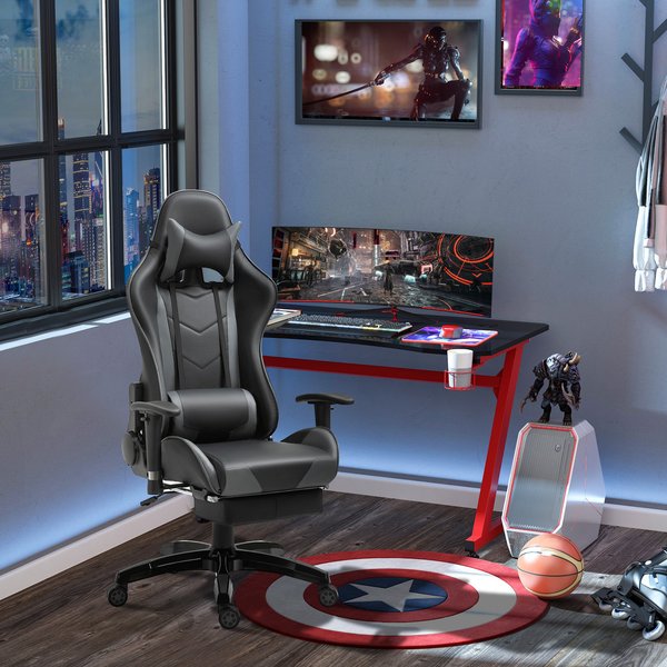 Gaming Gamer Desk Chair For Home Office Swivel Seat w/ Footrest - Black/Grey