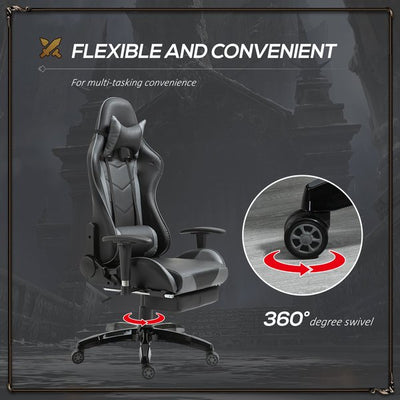 Gaming Gamer Desk Chair For Home Office Swivel Seat w/ Footrest - Black/Grey