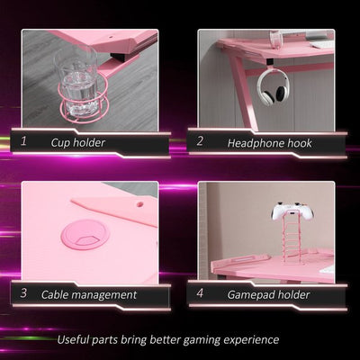 Gaming Computer Desk w/ Cup Holder, Headphone Hook,  - Pink