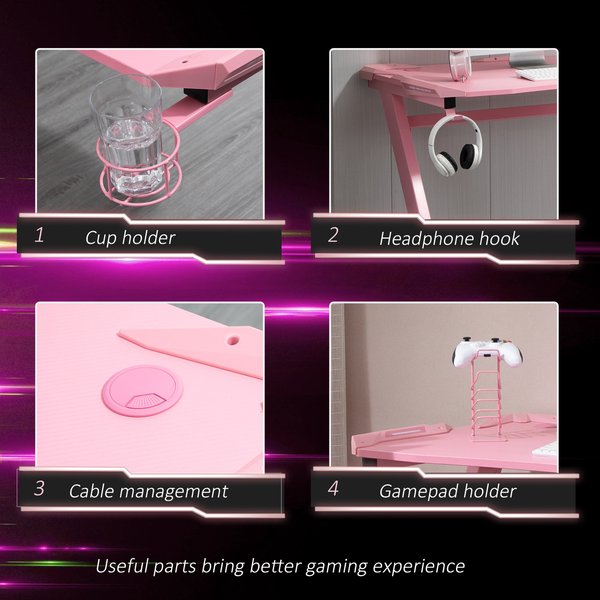 Gaming Computer Desk w/ Cup Holder, Headphone Hook,  - Pink