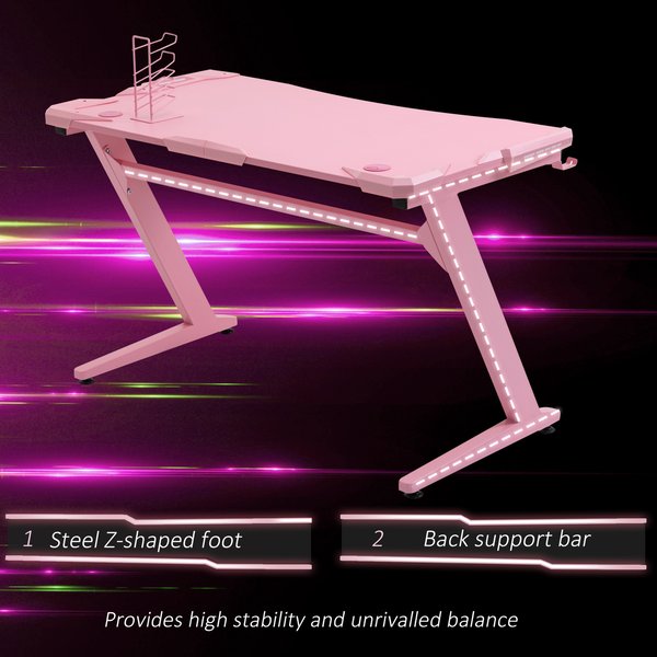 Gaming Computer Desk w/ Cup Holder, Headphone Hook,  - Pink