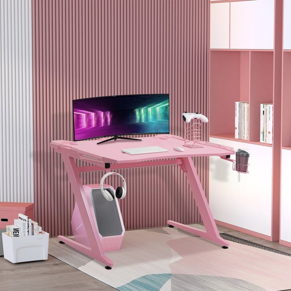 Gaming Computer Desk w/ Cup Holder, Headphone Hook,  - Pink