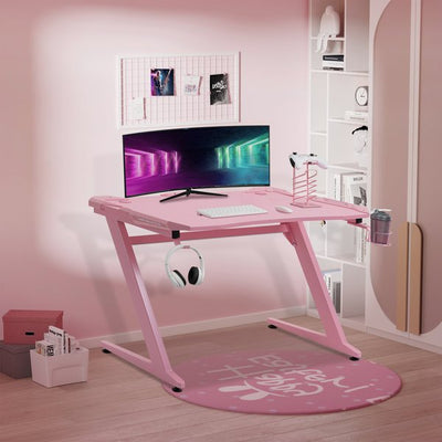 Gaming Computer Desk w/ Cup Holder, Headphone Hook,  - Pink