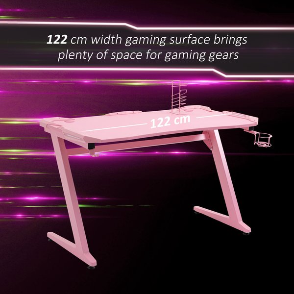 Gaming Computer Desk w/ Cup Holder, Headphone Hook,  - Pink