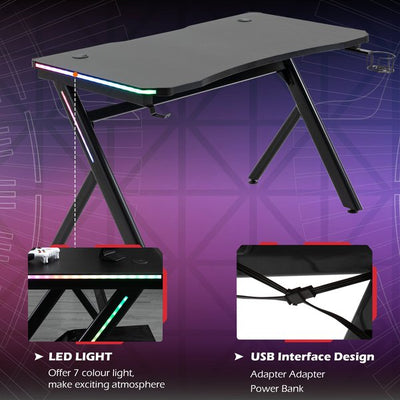 Gaming Desk Computer Table Metal Frame With LED Light, Cup Holder Headphone Hook