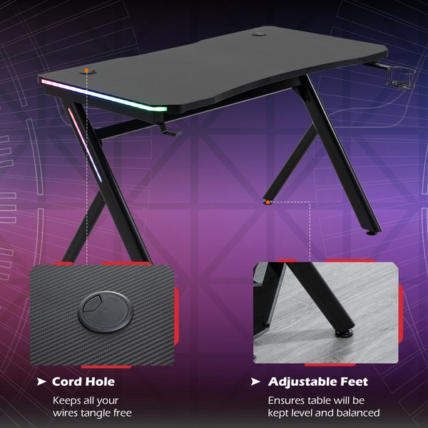 Gaming Desk Computer Table Metal Frame With LED Light, Cup Holder Headphone Hook