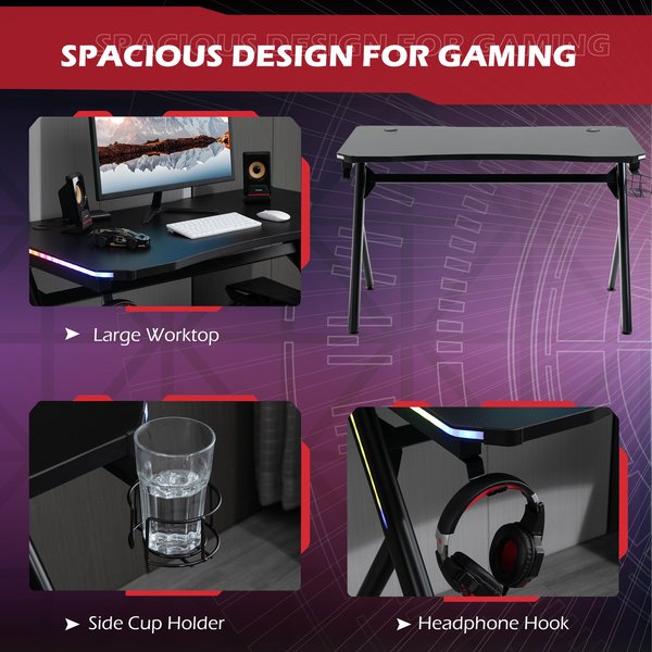 Gaming Desk Computer Table Metal Frame With LED Light, Cup Holder Headphone Hook