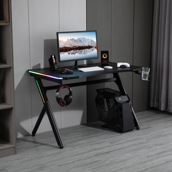 Gaming Desk Computer Table Metal Frame With LED Light, Cup Holder Headphone Hook