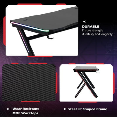 Gaming Desk Computer Table Metal Frame With LED Light, Cup Holder Headphone Hook