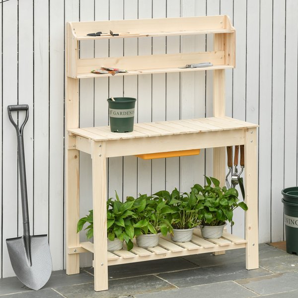 Garden Potting Workstation Table W/ Sliding Tabletop And Dry Sink