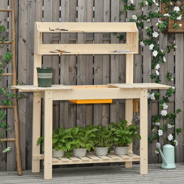 Garden Potting Workstation Table W/ Sliding Tabletop And Dry Sink