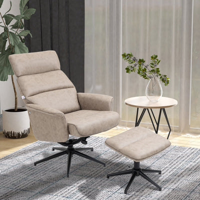 HOMCOM Swivel Recliner Chair and Footstool, Upholstered Reclining Armchair with Ottoman, Adjustable and Removable Headrest, Khaki