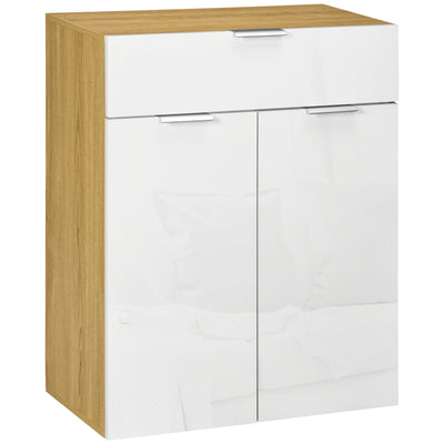 HOMCOM Modern Storage Cabinet, High Gloss Slim Sideboard with Drawer, Door Cupboard, Adjustable Shelves, White and Natural