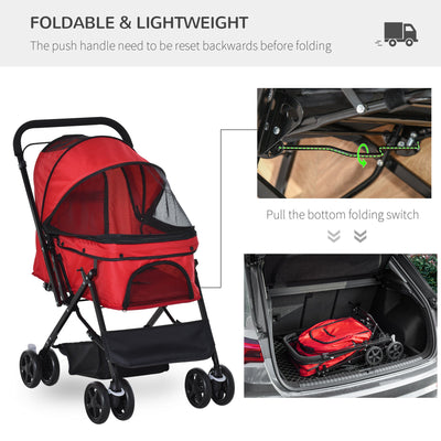 PawHut Pet Stroller Dog Travel Pushchair Foldable Jogger with Reversible Handle EVA Wheel Brake Basket Adjustable Canopy Safety Leash Red