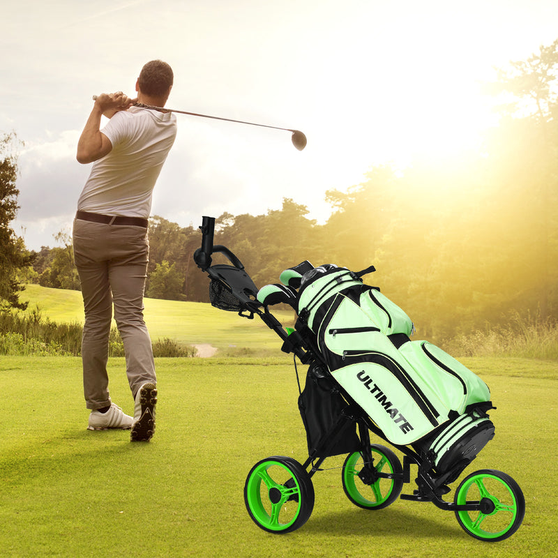 Golf Push Pull Cart with Storage Bag and Foot Brake-Green