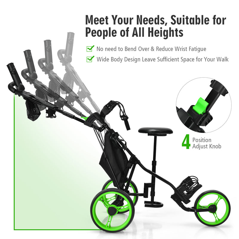 Golf Push Pull Cart with Storage Bag and Foot Brake-Green